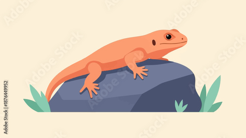 A stylized orange newt rests on a gray rock with green foliage
