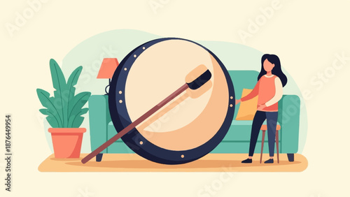 A woman stands near a large drum in a living room with a plant and couch