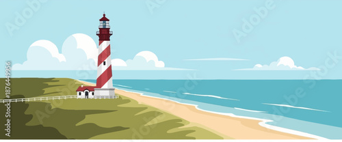 A pixelated lighthouse stands tall on a grassy coast beside the turquoise sea and sandy beach