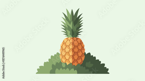 A stylized pineapple with spiky green leaves sits in a patch of green foliage
