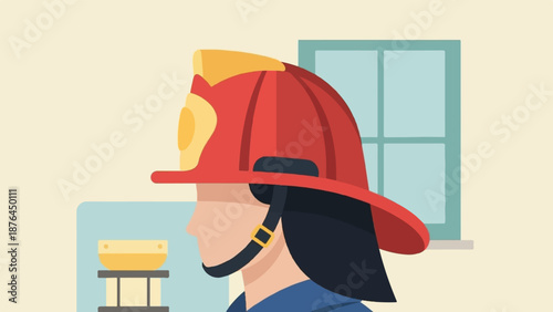 A side profile illustration of a person wearing a red firefighter helmet and blue uniform, with a window in the background