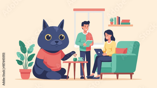 A stylized cartoon scene of a black cat and two people interacting in a living room