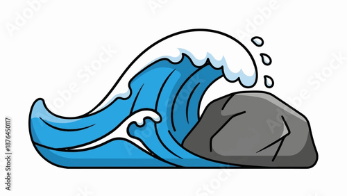A stylized blue ocean wave crashes against a gray rock, with white foam and droplets