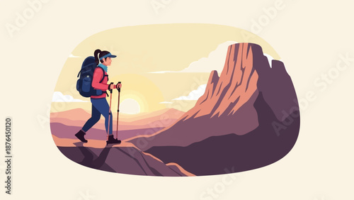 A pixelated illustration of a hiker with a backpack and poles ascending a rocky mountain at sunrise