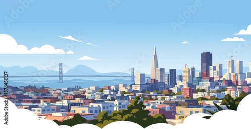 A pixelated cityscape unfolds with a prominent bridge, bay, and distinct skyscrapers