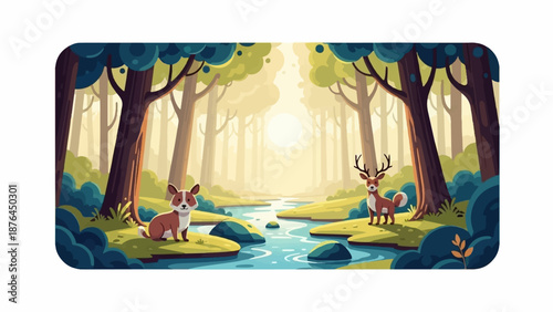 A pixel art forest scene with a dog and deer by a river