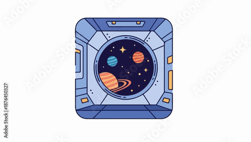 A view of planets and stars from a spacecraft window, depicted in a simple, cartoonish style