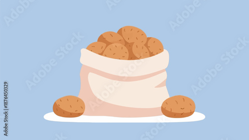 A simple illustration of a sack overflowing with potatoes, with three potatoes scattered around it