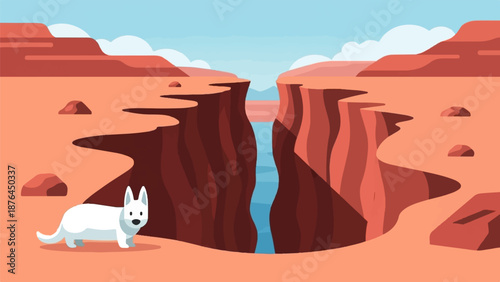 A stylized white dog explores a vast canyon with a river below