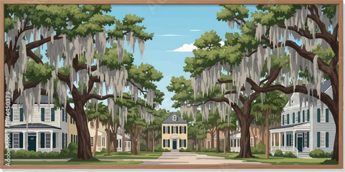 A picturesque street lined with historic homes, shaded by ancient trees draped in Spanish moss