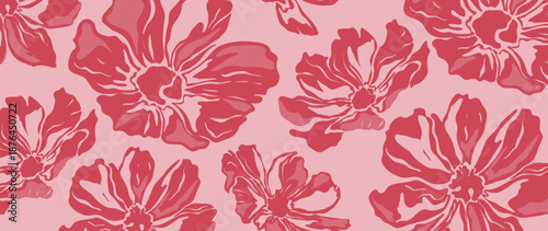 Red hibiscus flowers vector seamless floral pattern with pink background, floral silhouette, tropical summer mood. Fresh spring summer background design for wallpaper, fabric, wrapping, web.