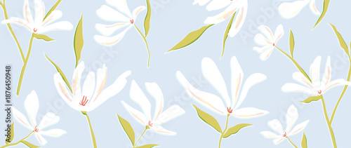 White magnolia flowers vector seamless floral pattern with light blue background, green stems, fresh spring mood. Fresh spring summer background design for wallpaper, fabric, wrapping, web.