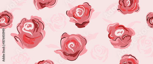 Red roses vector seamless floral pattern with pink background, blush tones, cute floral repeat. Fresh spring summer background design for wallpaper, fabric, wrapping, packaging, stationery, web.