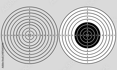 Air rifle target vector illustration.concentric scoring rings,numbers,in outline,silhouette,flat.for airgun practice, shooting training,sport competitions, and accuracy testing. icon set printable