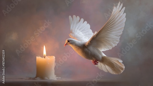 A white Dove flies near a burning candle. The candle is slightly left and has wax drippings. The scene is calm and suggests hope and remembrance