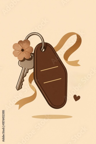 Vintage Key with Blank Tag, Ribbon, and Flower on Warm Minimal Background