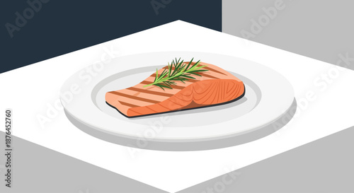Grilled salmon fillet with rosemary garnish on a white plate.
