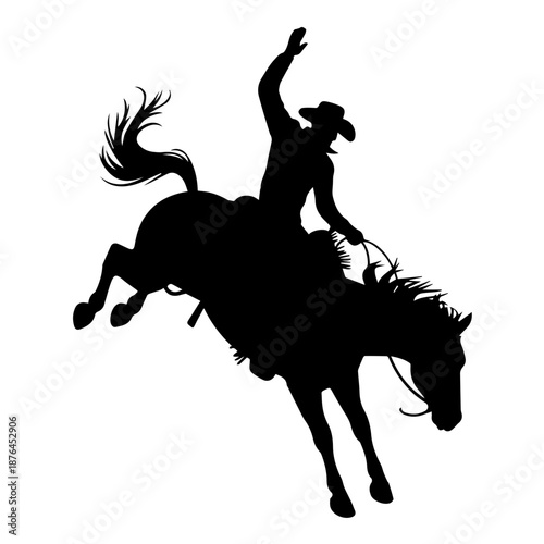 Bold black vector silhouette of cowboy riding bucking bronco, capturing dynamic rodeo action, power, balance, motion