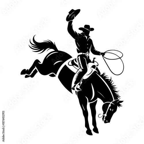 Bold black vector silhouette of cowboy riding bucking bronco, capturing dynamic rodeo action, power, balance, motion
