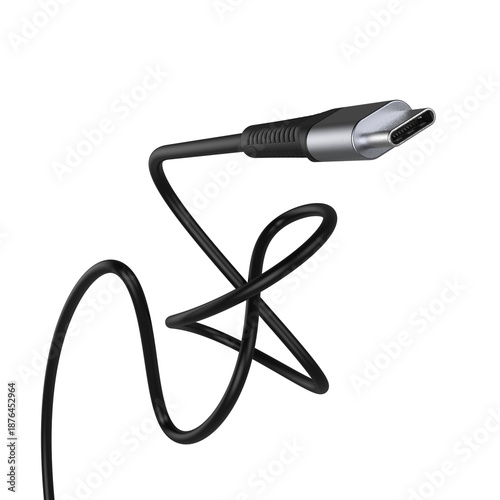 Black cable for charging and syncing with Type-C connector on a white background. 3D illustration