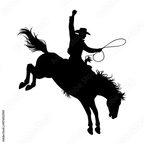 Bold black vector silhouette of cowboy riding bucking bronco, capturing dynamic rodeo action, power, balance, motion