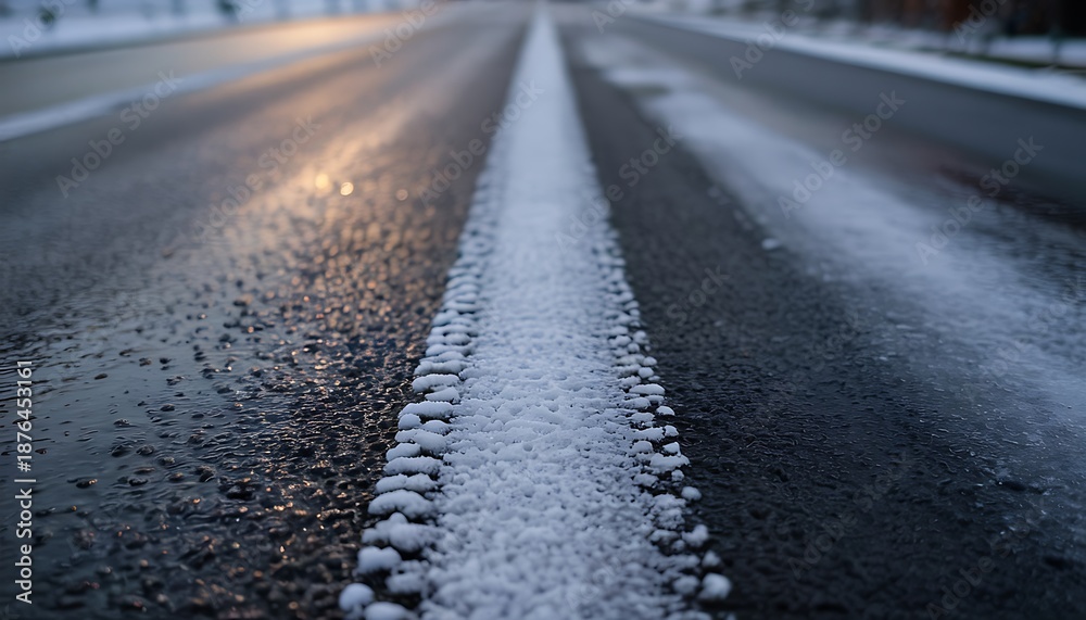 Fototapeta premium a close up view of a snowy road with a white line down the middle of it on a cold day