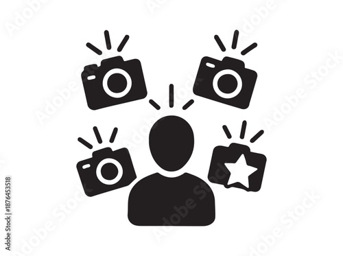 Person being photographed by multiple cameras surrounding them closely
