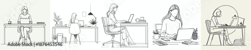 line art of a woman with a laptop in a workspace