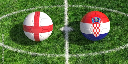Soccer balls with England and Croatia flags on green grass football pitch