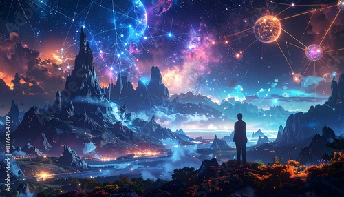 Majestic view of a cosmic landscape with a silhouette observing connected galaxies & illuminated mountain city below