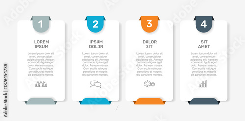 Infographic with icons, headings, and text blocks in colorful layered design for business, presentation, or data visualization. Vector illustration.