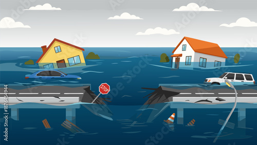 Disaster flood vector illustration showing submerged cars and damaged roads, with houses partially under water due to natural calamity