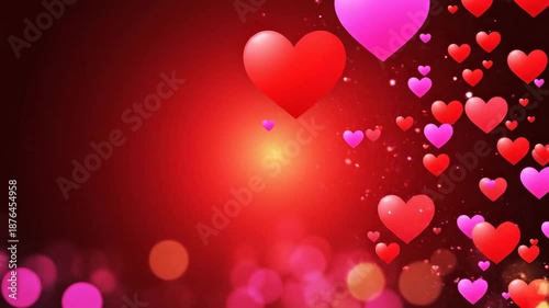 Floating hearts on red background with bokeh effect decorative valentines day concept