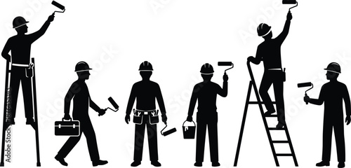 Painter worker silhouettes set using rollers ladders and buckets isolated on white background house renovation and maintenance vector illustration