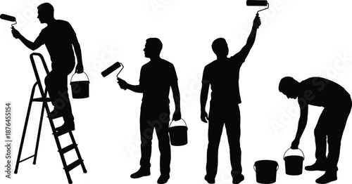 Painter worker silhouettes painting walls with rollers ladder and buckets isolated on white background house renovation vector illustration set