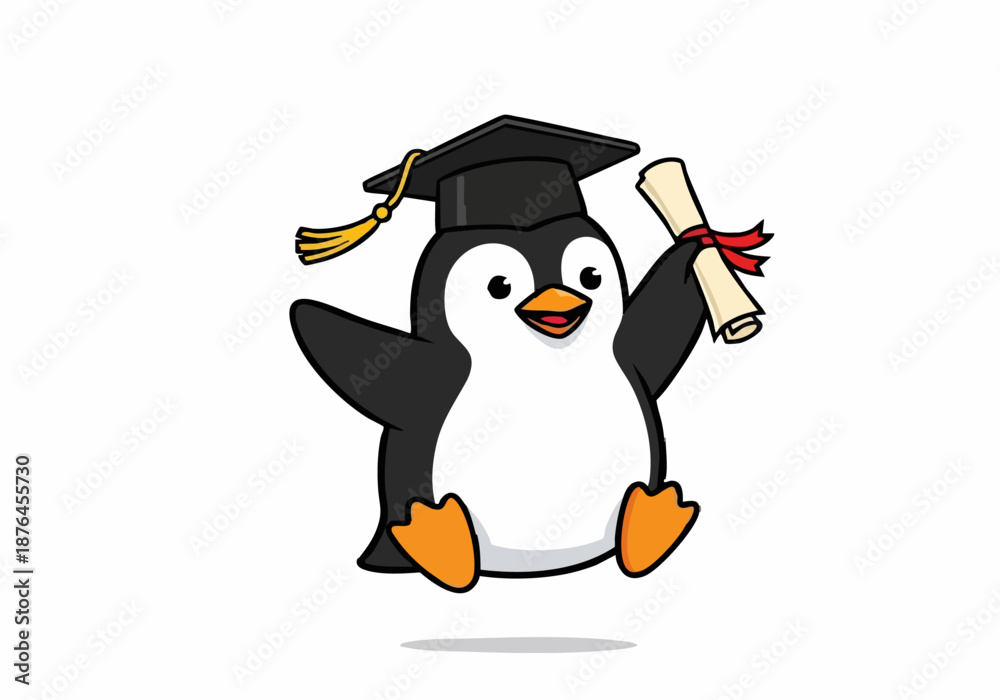 Fototapeta premium Graduation Penguin Mascot Holding Diploma Illustration