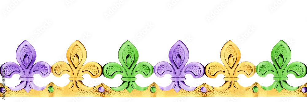 Fototapeta premium Golden paper Fleur-de-lis border in gold, purple and green, isolated on white or transparent background, Mardi Gras celebration header, png cut out