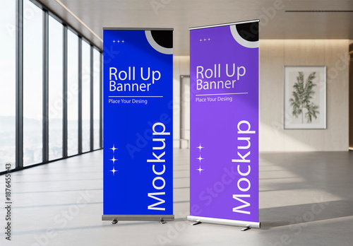 Dual Roll Up Banner Mockup in Modern Office Interior