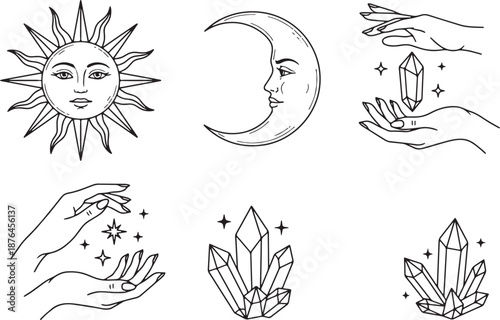 Mystical Boho Line Art Set: Celestial Sun, Moon, Hands, and Crystals