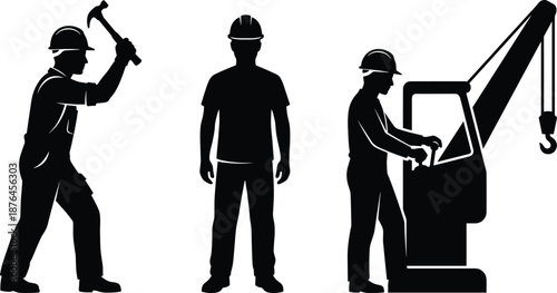 Construction Worker Silhouettes Set Featuring Hammering, Supervising, and Crane Operation for Industrial Task and Role Illustrations