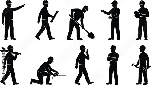 Construction worker silhouettes set performing different job tasks with tools and safety helmets isolated on white background vector illustration