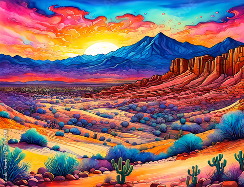 Surreal painting of a New Mexico desert landscape with vibrant colors. A sun sets behind a mountain range. Red rock formations and mesas dominate the right side