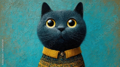 Golden Gaze – Whimsical Oil Painting Portrait of a Black Cat