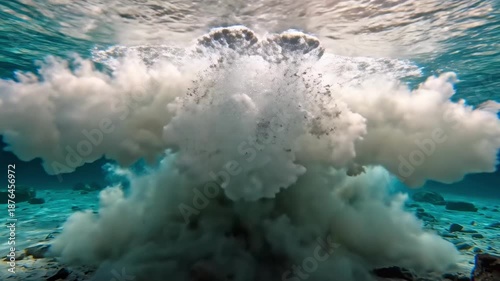Underwater eruption with cloudy sediment plumes illuminated by sunlight in a clear ocean scene