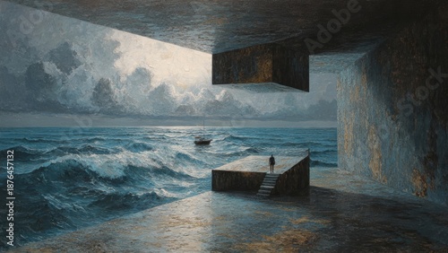 Between Sea and Silence – Surreal Architectural Oil Painting