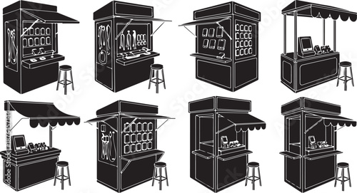 Various Food Cart and Stall Designs in Black and White