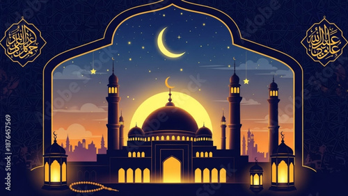 Ramadan mosque silhouette at sunset with crescent moon and stars Islamic architecture illustration for religious holidays and celebra
