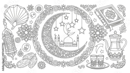Ramadan Kareem decorative elements crescent moon mosque lantern dates and tea set intricate line art for Islamic celebrations