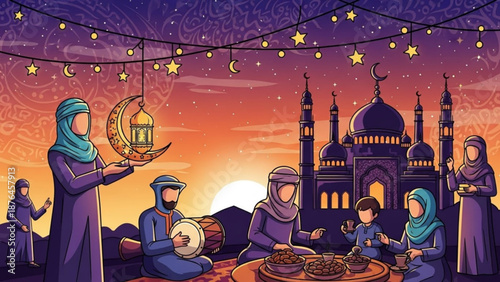 Ramadan celebration with family gathering mosque silhouette and crescent moon lantern evening sunset sky Islamic tradition concept
