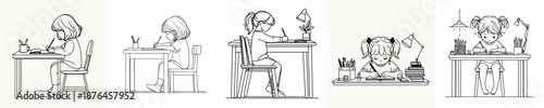 line art of a little girl studying at a desk